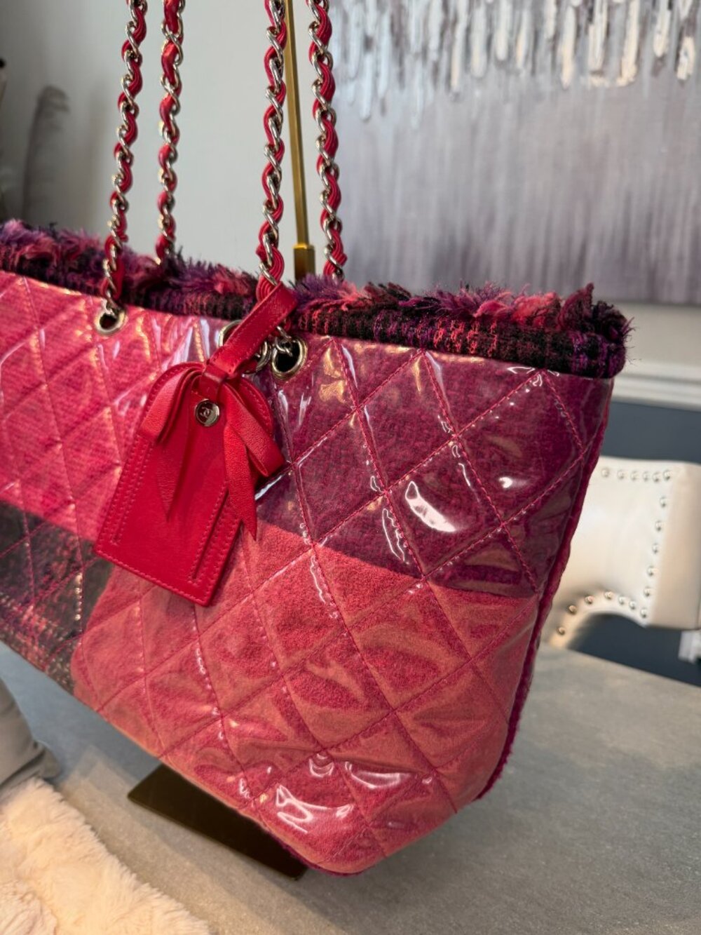 Authentic Chanel Funny Tweed Patchwork Tote Pink Purple Leather Chain Bag - Picture 8 of 16